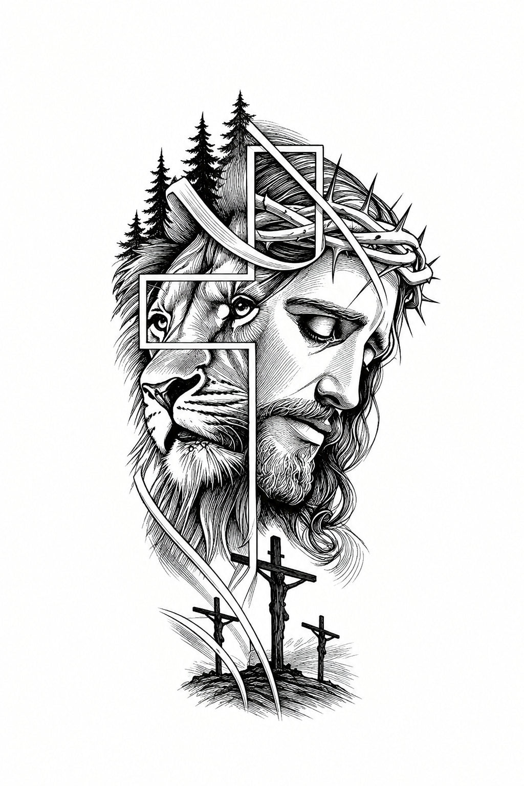 Leon y Cristo (sobre 3 cruces)